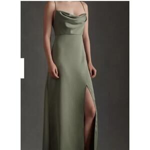 BHLDN Dress Womens Size 16 Remy Cowl Neck Faux Wrap Satin Gown Moss Green Slit